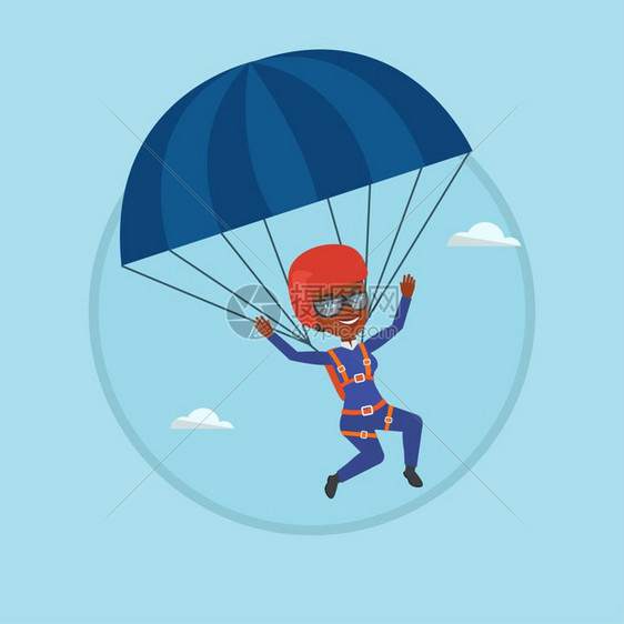 乘降落伞飞行的非洲女性卡通矢量插画图片