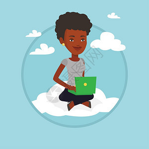在云端使用笔记本电脑的非洲女性卡通矢量插画图片