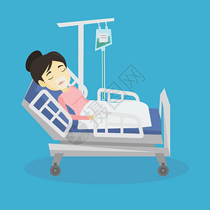躺在病床上戴着呼吸罩输液的女病人卡通矢量插画图片