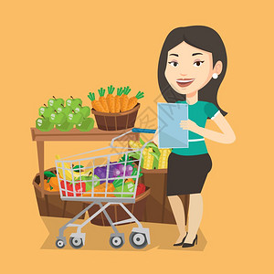 使用购物清单在超市采购的女士卡通矢量插画图片素材