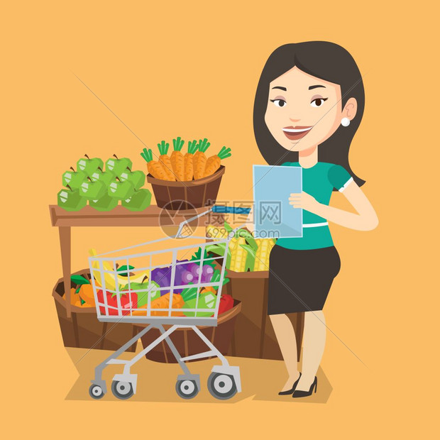 使用购物清单在超市采购的女士卡通矢量插画