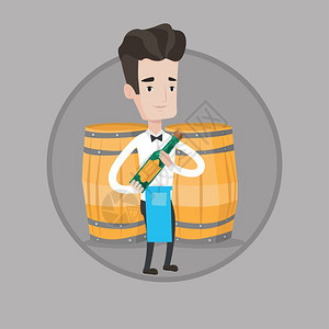 站在木桶前拿着酒的男服务员卡通矢量插画背景图片