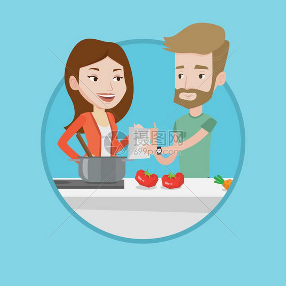在数字平板电脑学习做菜的年轻夫妇卡通矢量插画图片