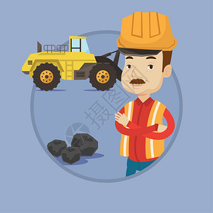站在挖土机前的男性矿工卡通矢量插画图片