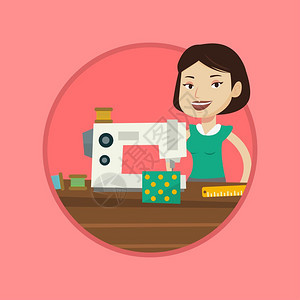 使用缝纫机的女工人卡通矢量插画图片