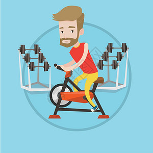 在健身房骑脚踏车的男士卡通矢量插画图片