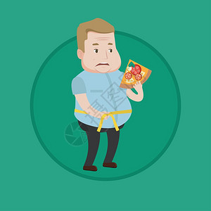 手拿披萨用尺子量腹围的男人卡通矢量插画图片