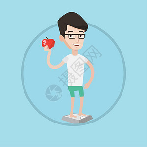 手拿苹果站在体重秤是的男人卡通矢量插画图片