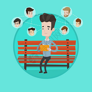 坐在长椅上使用社交网络冲浪聊天的年轻男人卡通矢量插画图片