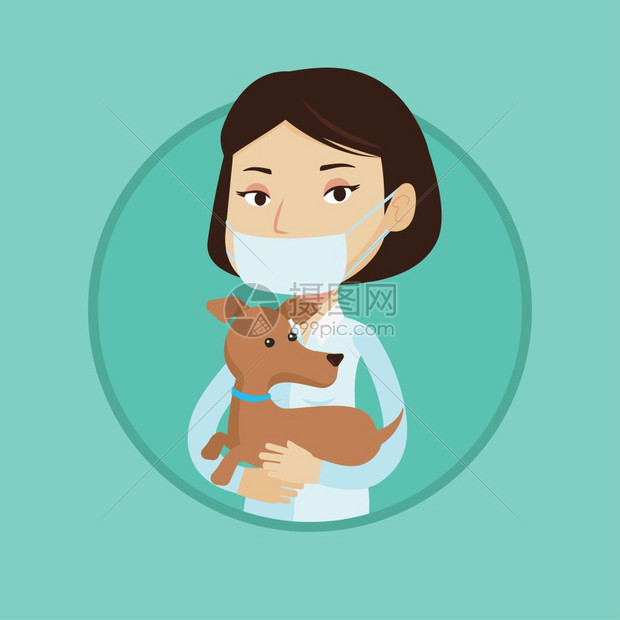 抱着小狗的年轻女兽医卡通矢量插画图片