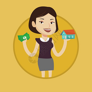 代理记账拥有金钱和房产的年轻女人卡通矢量插画插画