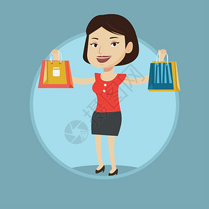 购物袋女人拎着购物袋的年轻女孩卡通矢量插画插画