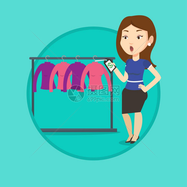 在服装店查看价格的年轻女生卡通矢量插画