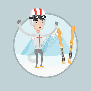 在雪山上庆祝胜利的男滑雪运动员卡通矢量插画图片