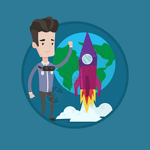 戴着虚拟现实眼镜观看火箭发射的男青年卡通矢量插画图片素材