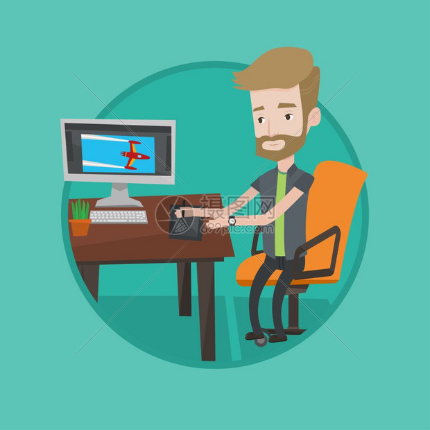 坐在办公桌前使用手绘板绘制图形的年轻设计师卡通矢量插画