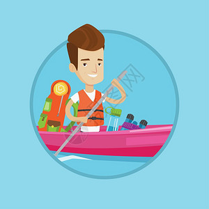 划船的青年背包客卡通矢量插画图片