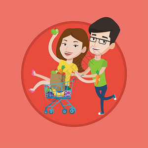 推电动车的人用购物车推着女友在超市购物的男青年卡通矢量插画设计