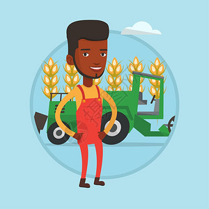 站在麦田里开拖拉机的非洲农民卡通矢量插画图片