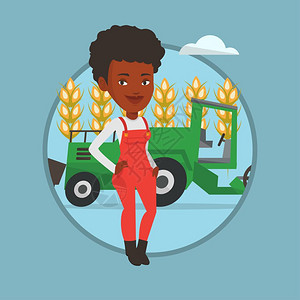 站在麦田里开拖拉机的非洲女农民卡通矢量插画图片