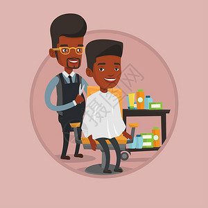 在理发店里为顾客理发的非洲发型师卡通矢量插画图片