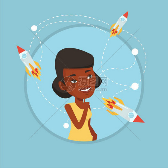 看着火箭飞行的非洲商务女性卡通矢量插画图片