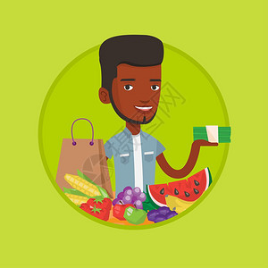 拿着钱采购食物的非洲男士卡通矢量插画图片
