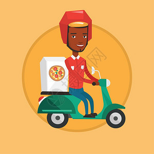 骑着摩托车送披萨的非洲男外卖员卡通矢量插画图片