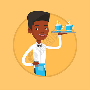 端着咖啡的非洲男服务员卡通矢量插画图片