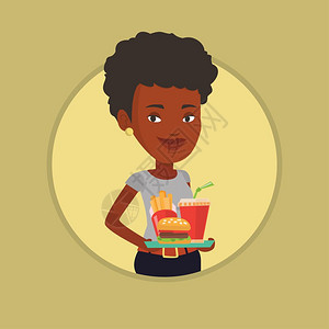 端着快餐的非洲女士卡通矢量插画图片