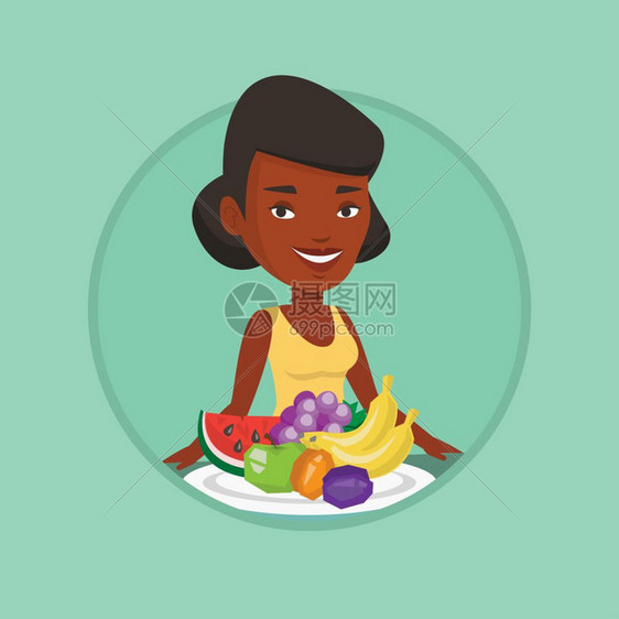 端着水果的非洲女性卡通矢量插画图片