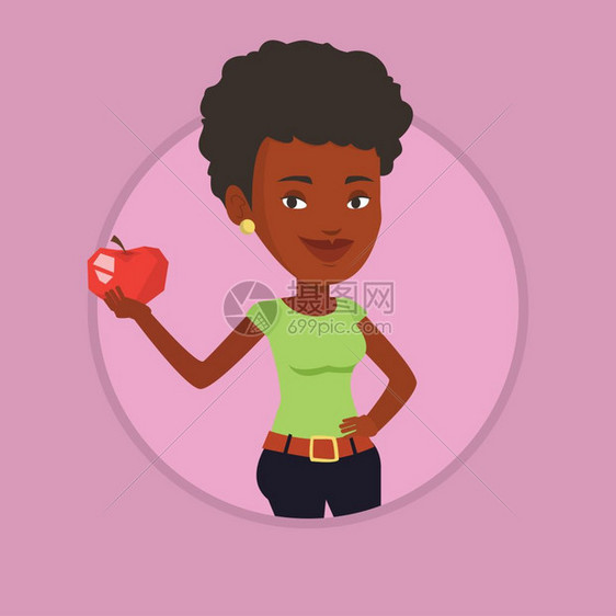 拿着苹果的非洲女人卡通矢量插画图片