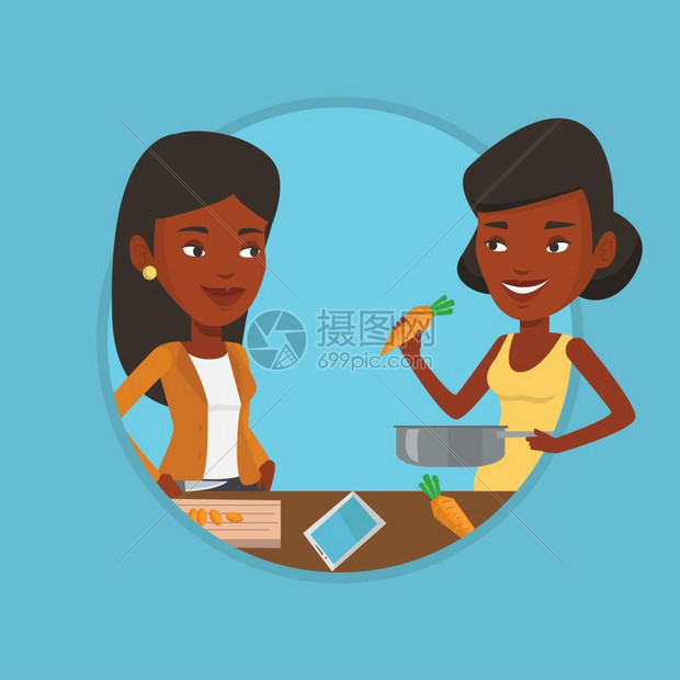 使用平板电脑烹饪煮饭的非洲女人卡通矢量插画图片