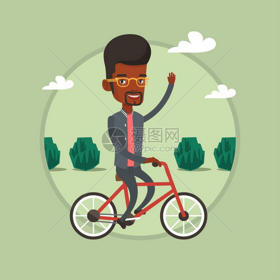 在户外骑自行车手挥手的非洲男士卡通矢量插画图片