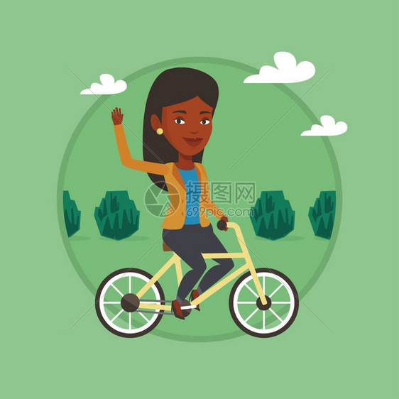 在户外骑自行车手挥手的非洲女士卡通矢量插画图片