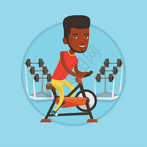 在健身房骑脚踏车的非洲男性卡通矢量插画图片