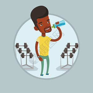 健身房里非裔男子喝水矢量插图图片