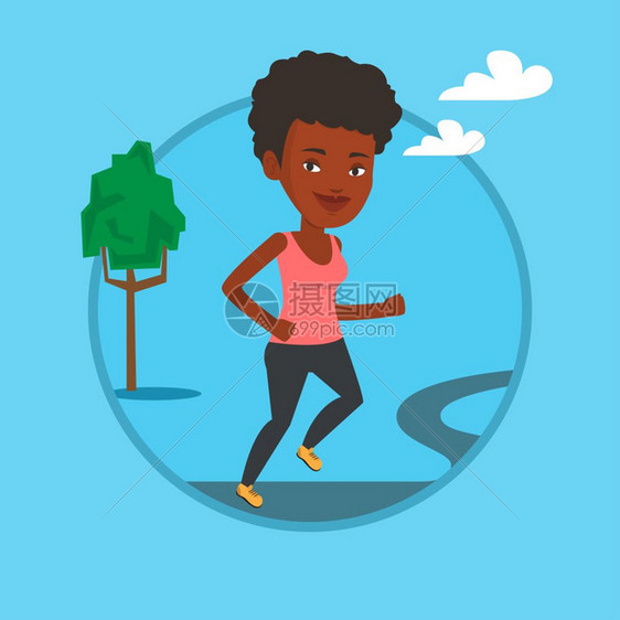 在公园里跑步的非洲女孩卡通矢量插画图片