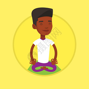 在瑜伽垫上打坐冥想的非洲男人卡通矢量插画图片