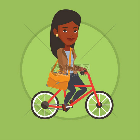 背着公文包骑自行车的非洲商务女性卡通矢量插画图片