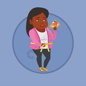 拿着披萨使用尺子测量腹围的非洲女人卡通矢量插画图片