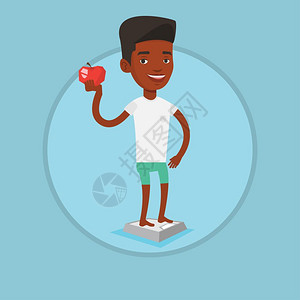手拿苹果站在体脂秤上的非洲男人卡通矢量插画图片