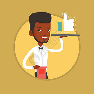 端着盘子的非洲男服务员卡通矢量插画图片