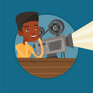 睫毛师坐在放映室电影机旁的非洲年轻投影师卡通矢量插画插画