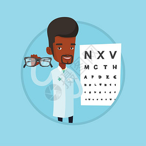 站在视力表前拿着眼镜的非洲男医生卡通矢量插画图片