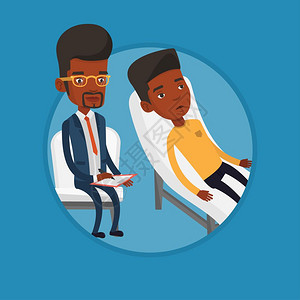 与病人交谈的非洲男心理医生卡通矢量插画图片