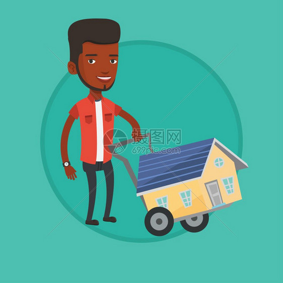 推着房子的非洲男房地产代理人卡通矢量插画图片