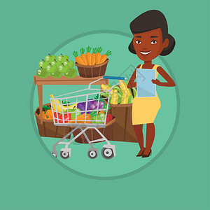 使用购物清单在超市采购的非洲女人卡通矢量插画图片