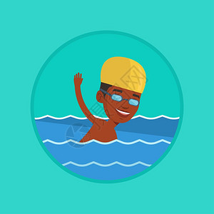 在游泳池游泳的非洲男运动员卡通矢量插画图片