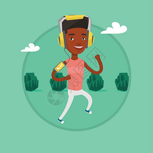 非洲男子在公园跑步时使用智能手机收听音乐卡通矢量插画图片